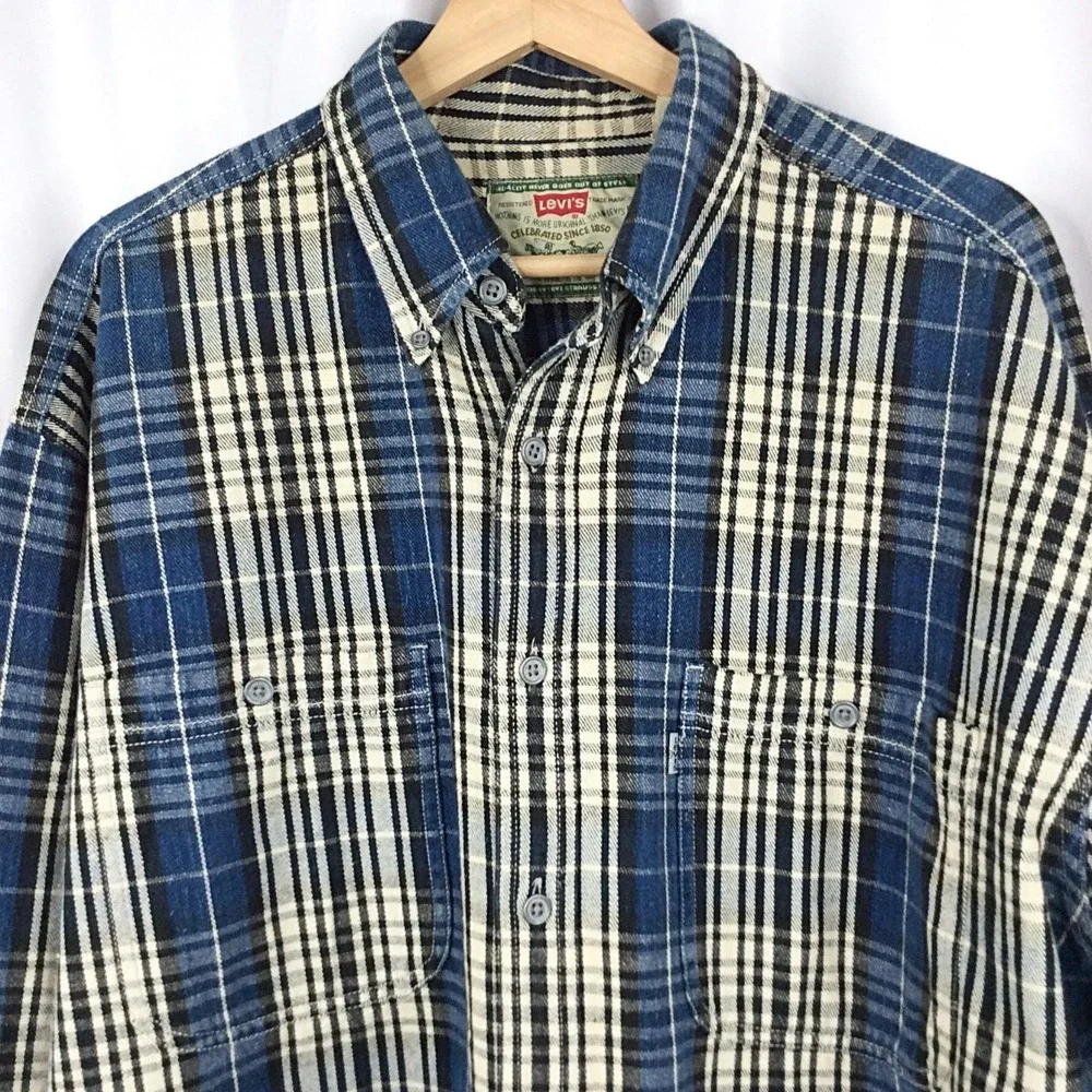 VTG 90s Men's Levi's Plaid Shirt Size Large Blue Black Long Sleeve Button Down